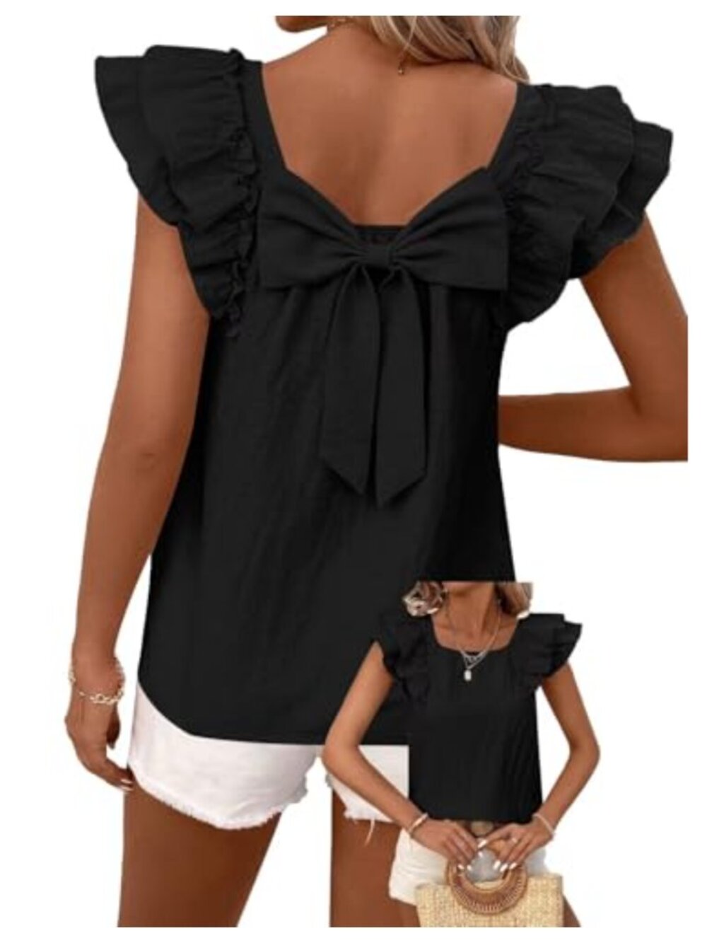 Women's Bow Tie Babydoll Tunic Shirt with Ruffle Short Sleeves